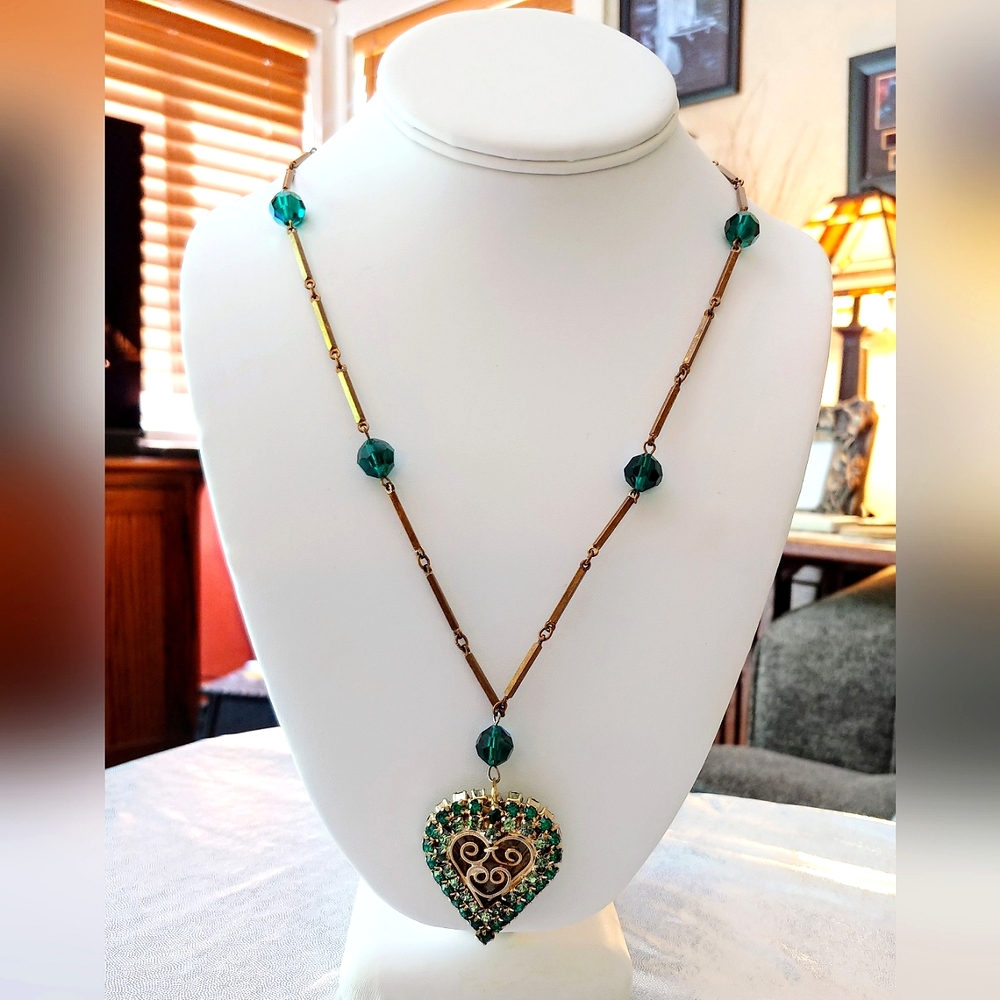Exquisite Antique 1920s Art Deco Brass & Rhinestone Crystal Heart Necklace HFB